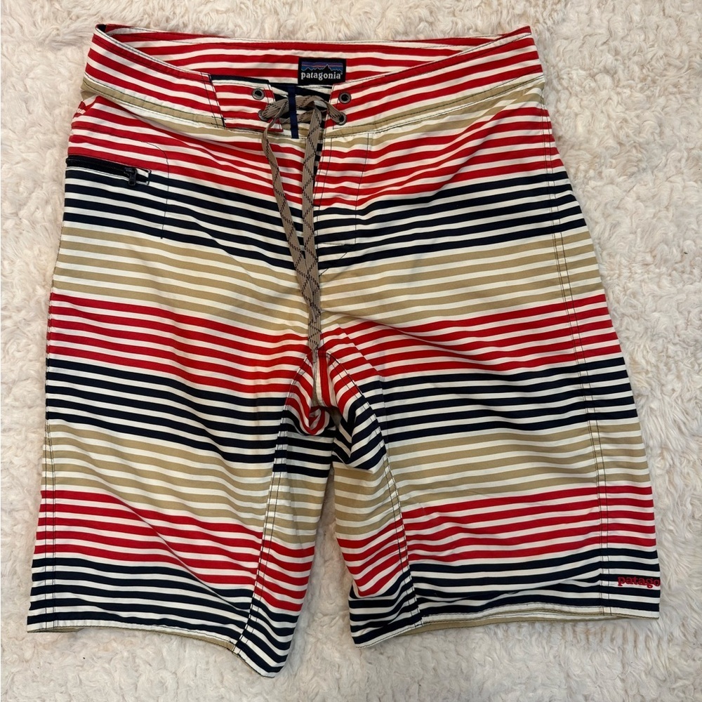 Patagonia Men's Striped Swim Shorts in Red, Navy & Cream